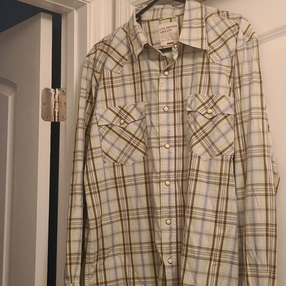 Men's long-sleeved snap front shirt.